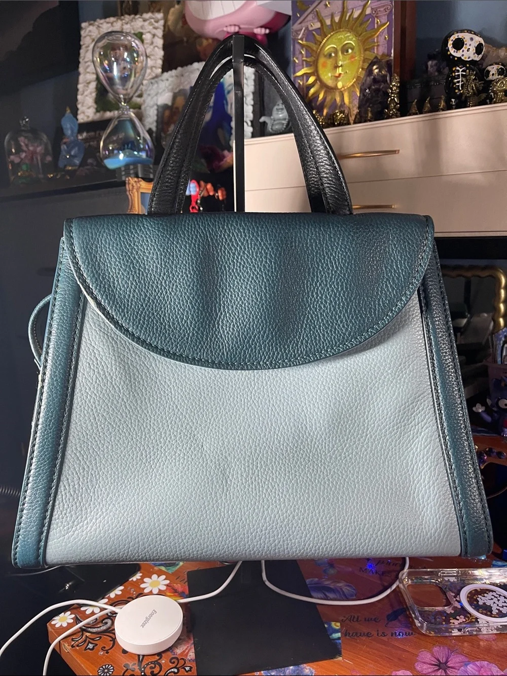 kate spade two-tone teal and light blue leather satchel